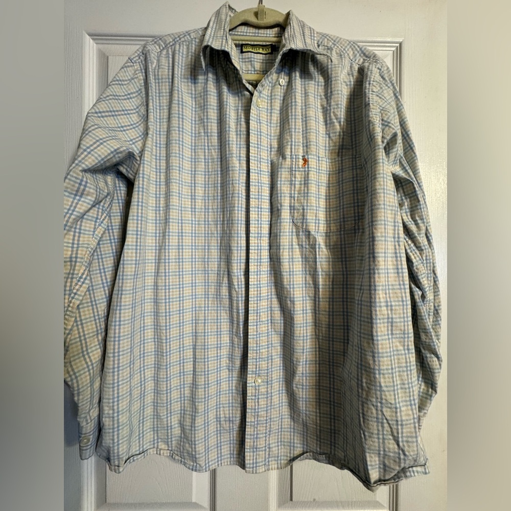 Mobile Bay Men’s Large Plaid Button Down Shirt Blue Tan Worn Once